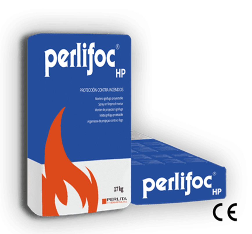 "Durable packaging of Perlifoc HP fireproofing material."